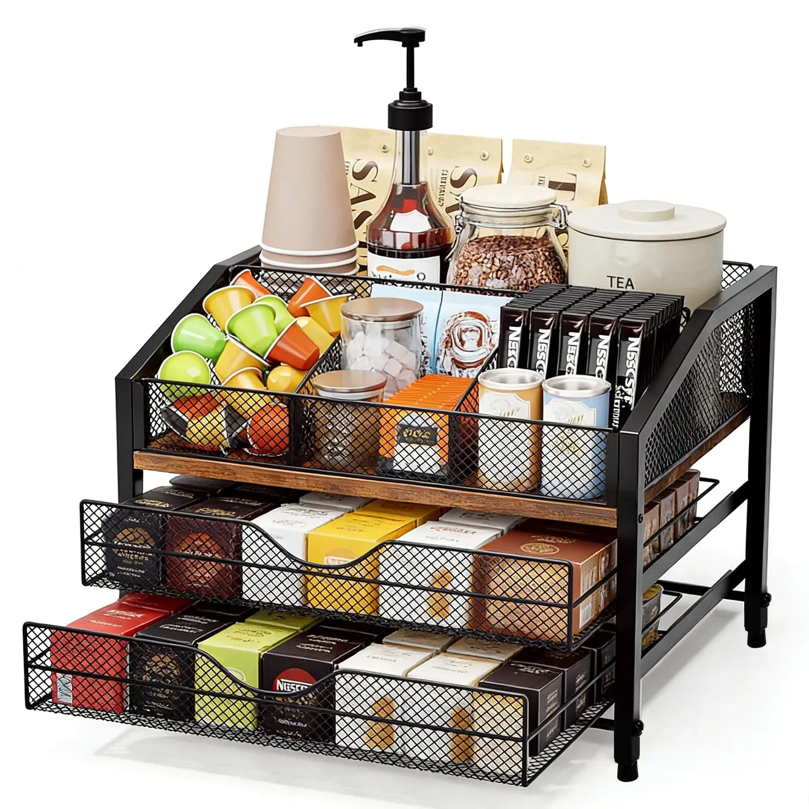 Coffee Bar Organizer with Sliding Drawers and K-Cup Holder