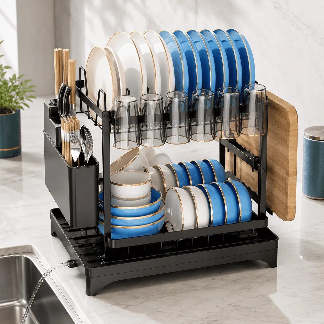 2-Tier Dish Drying Rack with Auto Drain Tray and Utensil Holder